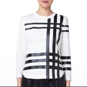 Akris Punto- White Quarter Sleeve Blouse with Black Leather Plaid Detail